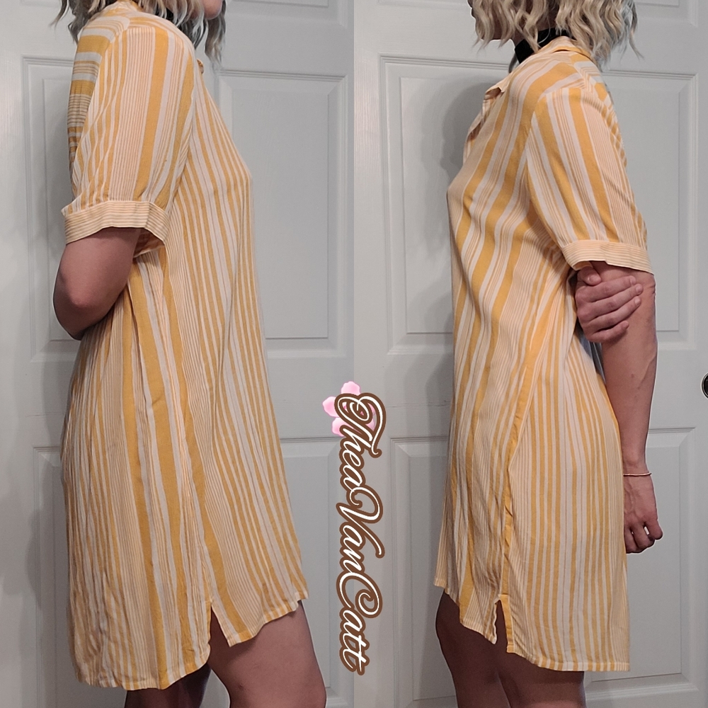 Forever 21 retro yellow stripes short sleeve button down relaxed fit shirt dress - Picture 2 of 8